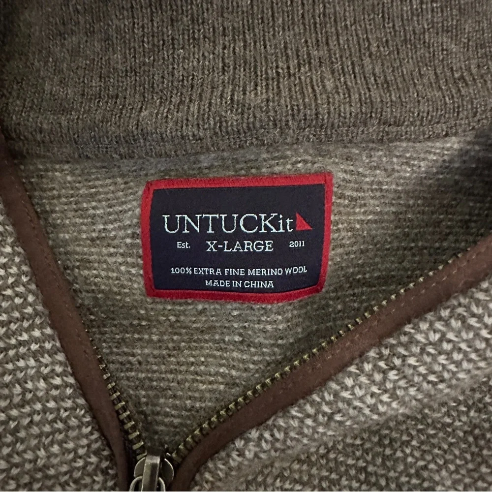 UNTUCKit Belguardo Quarter Zip Men‎ XL Brown Merino Wool Jacquard Sweater 41312